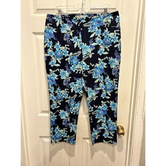 Talbots Pants‎ Womens 14 Blue Floral High Rise Straight Leg Pockets Cotton - Picture 1 of 7